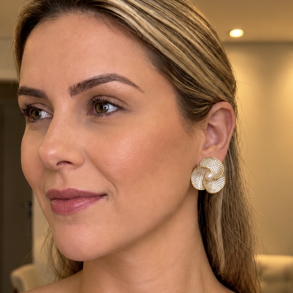 Modelo usando brinco flor cravejada com pérola