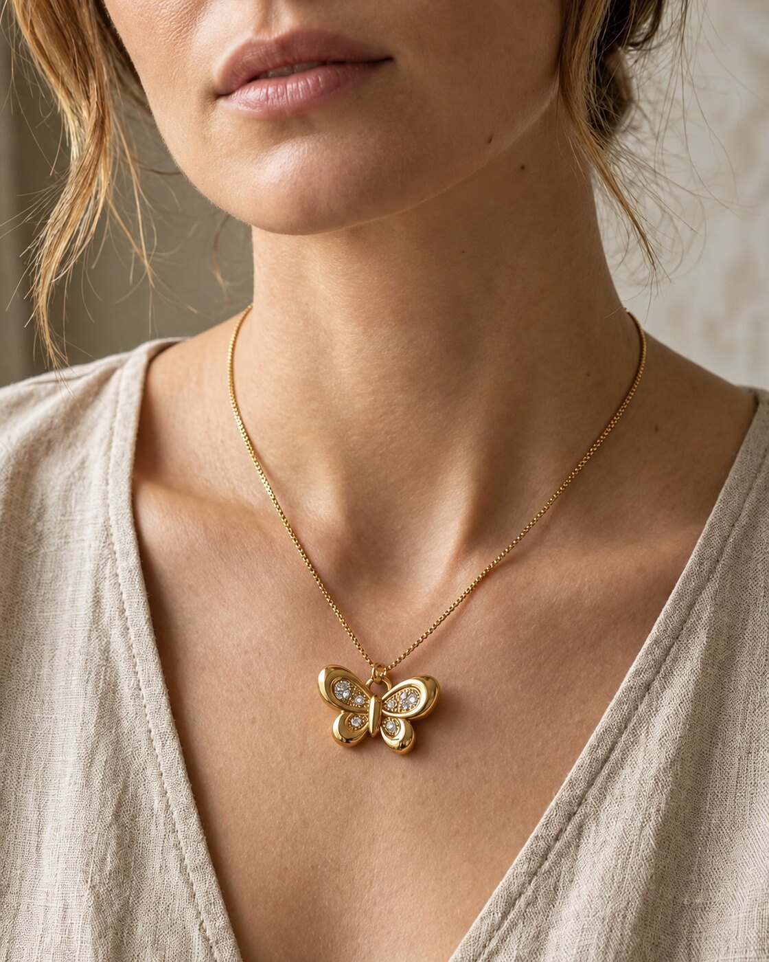 Modelo usando colar borboleta dourado com banho de verniz italiano e detalhes com pedras