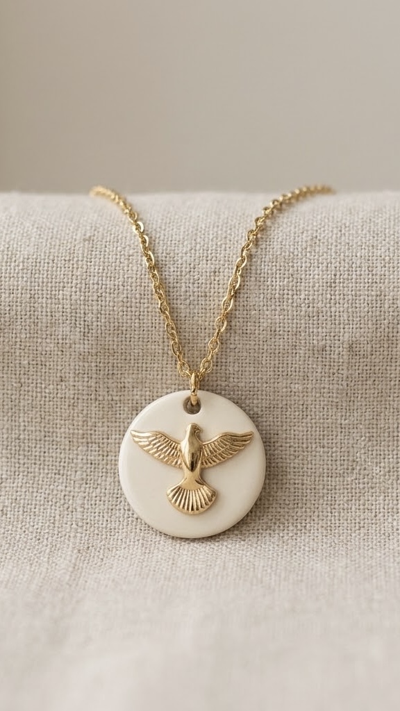 Colar dourado com pingente redondo do Espírito Santo