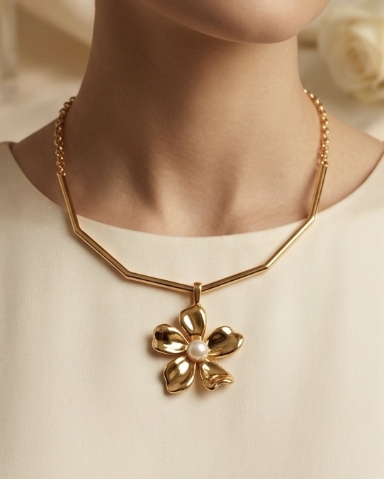 Colar flor dourada com pérola no pescoço da modelo