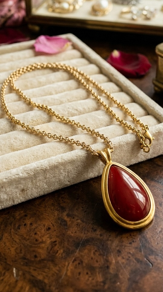 Detalhe do colar com pedra vermelha