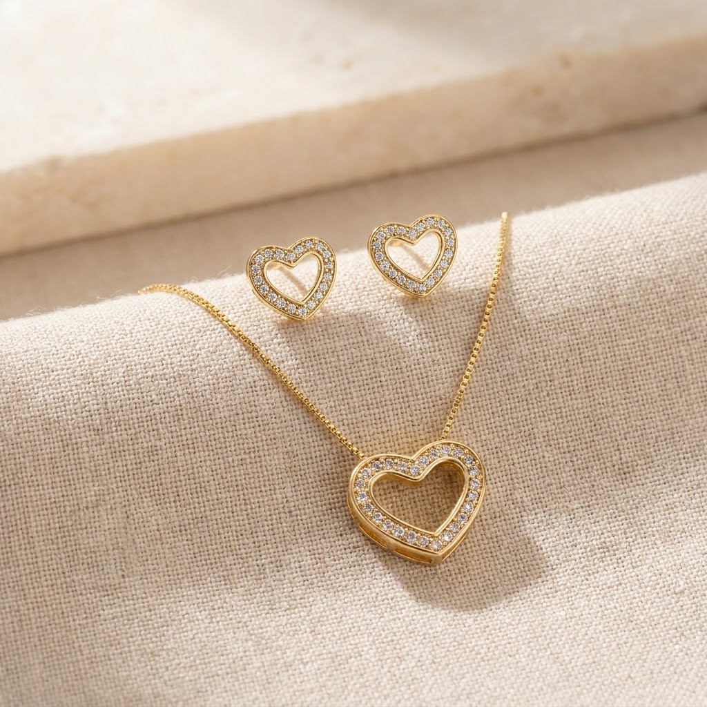 Conjunto dourado com colar e brincos de coração vazado cravejado