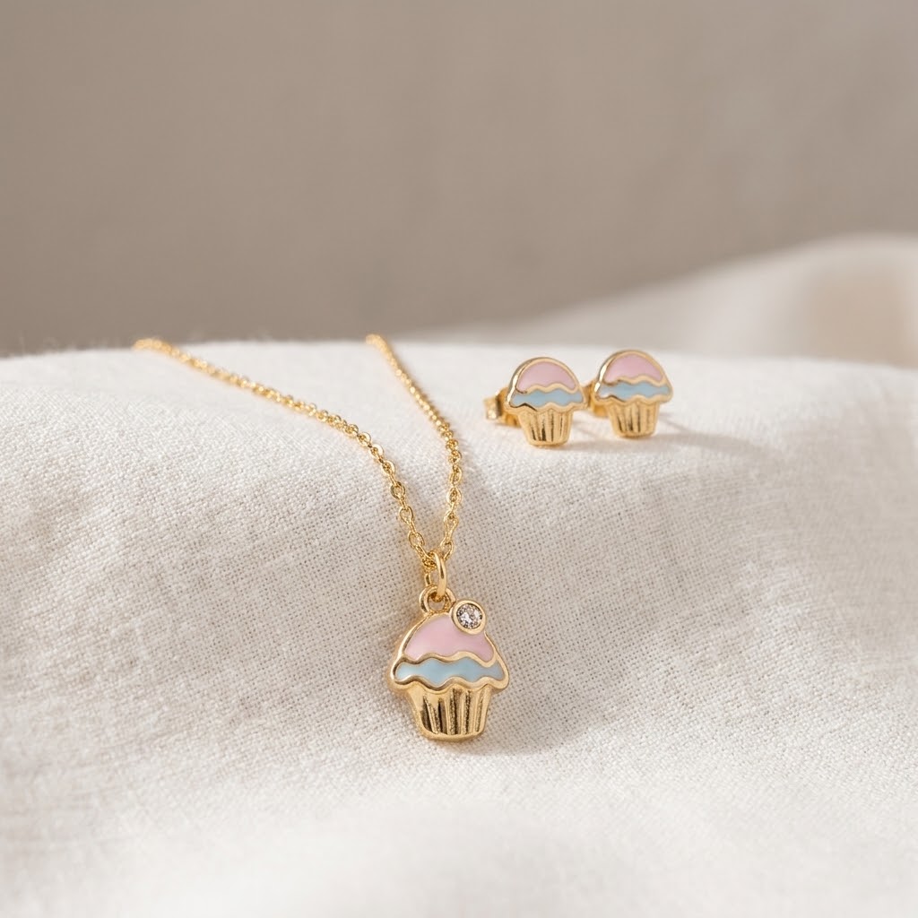 Conjunto infantil dourado com colar e brincos de cupcake colorido