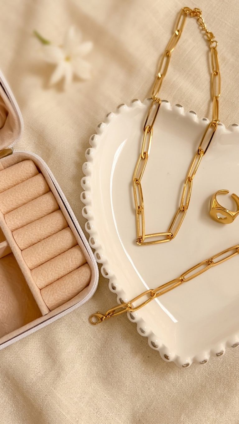 Composição de colar e pulseira dourados