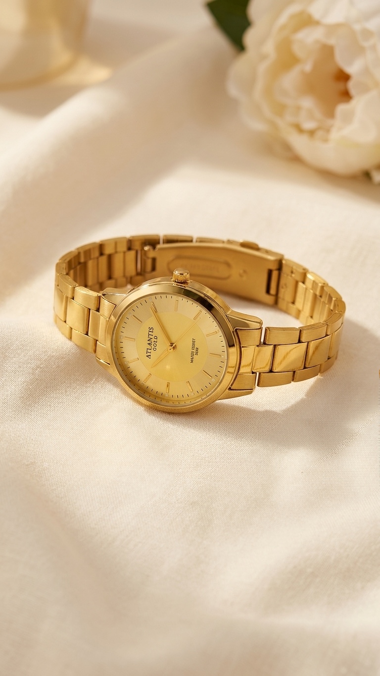 Relógio Atlantis dourado com mostrador dourado